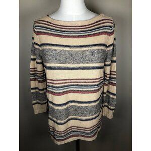 Lauren Jeans Company 100% Linen Knit Tan Striped Boatneck Sweater Size Large